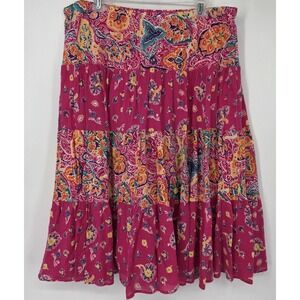 Chaps Tiered Pull On Boho Peasant Mid Skirt Size XL Pink Paisley Floral Colorful